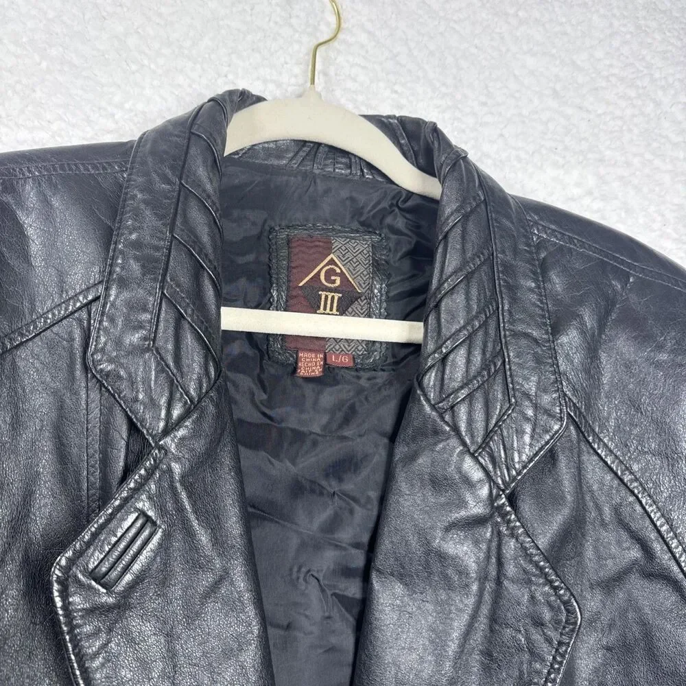 (R1) G III Women's Vintage 80s Black Leather Blazer, Size L, Biker Style